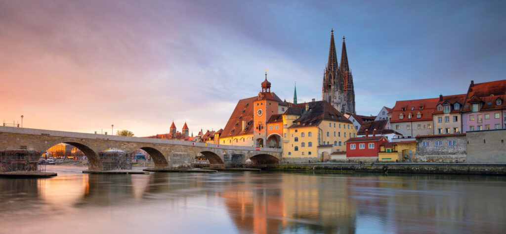 A view of the Danube river with the cathedral and Regensburg
 town 